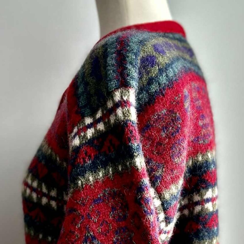 Vintage Simons Cerise & Multicolor Fair Isle Pure Shetland Wool Cardigan – US L - Picture 6 of 14